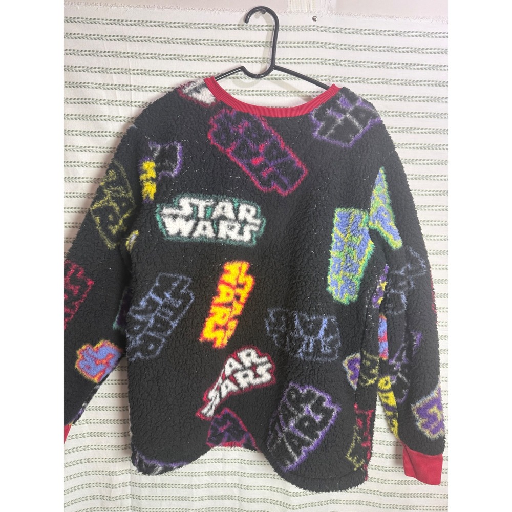 Disney Star Wars Sherpa Fleece Sweatshirt Black Neon All Over Print Logo Medium